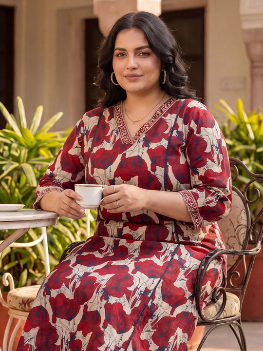 Plus Size Maroon Printed A-Line Kurta Trousers Set