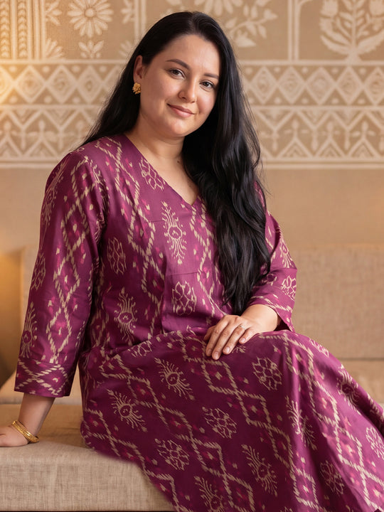 Plus Size Burgundy Printed A-Line Kurta Trousers Set