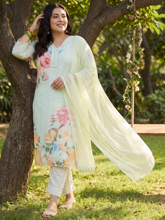 Plus Size Sea Green Printed Straight Kurta Trousers With Dupatta Set