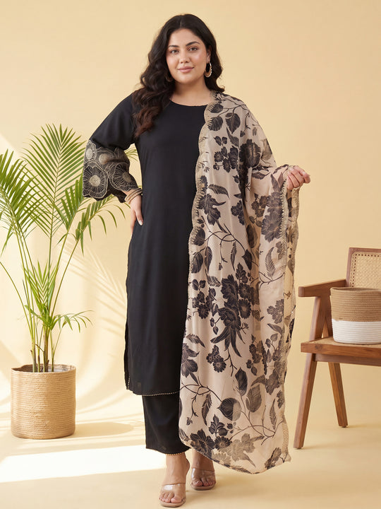 Plus Size Black Embroidered Straight Kurta Trousers With Dupatta Set