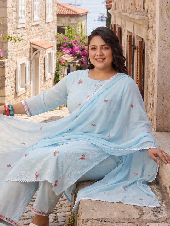 Plus Size Blue Embroidered Straight Kurta Trousers With Dupatta Set