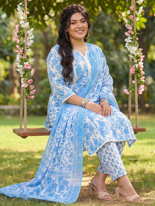 Plus Size Blue Printed Straight Kurta Trousers With Dupatta Set