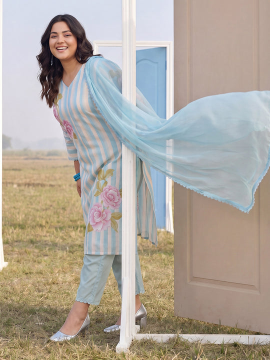 Plus Size Blue Printed Straight Kurta Trousers With Dupatta Set