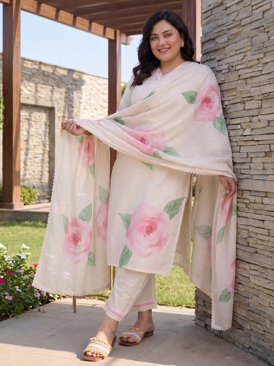 Plus Size Off White Printed Straight Kurta Trousers With Dupatta Set