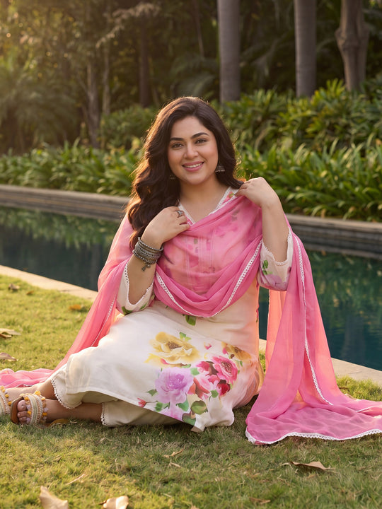Plus Size Off White Printed Straight Kurta Trousers With Dupatta Set