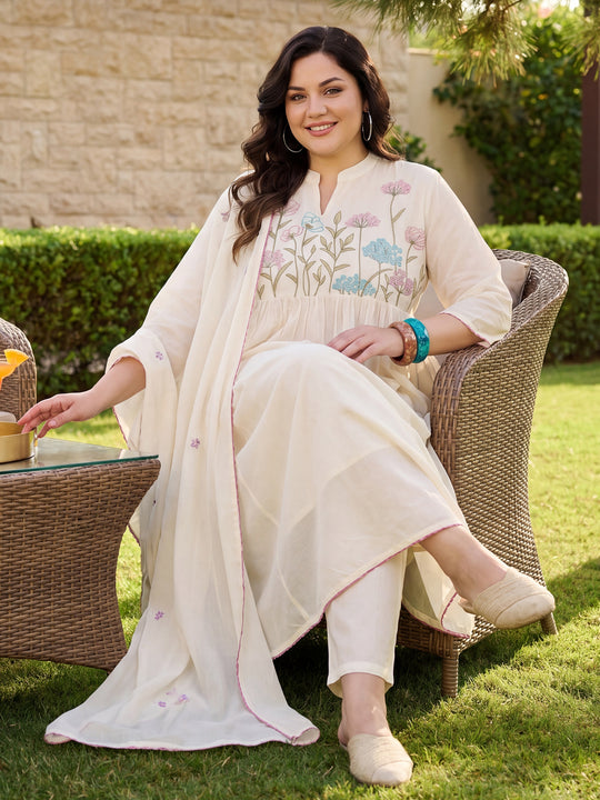 Plus Size Off White Embroidered Anarkali Kurta Trousers With Dupatta Set