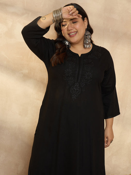 Plus Size Black Embroidered Straight Kurtas