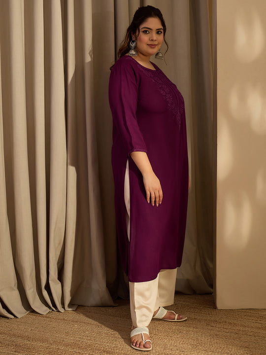 Plus Size Burgundy Embroidered Straight Kurtas