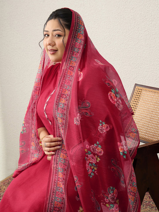 Plus Size Red Embroidered Straight Kurta Trousers With Dupatta Set