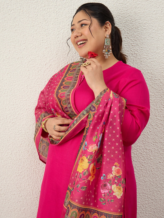 Plus Size Pink Embroidered Straight Kurta Trousers With Dupatta Set