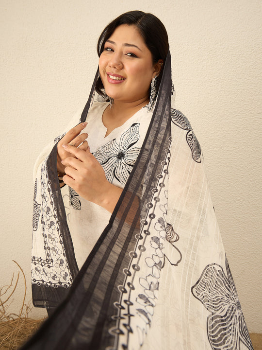 Plus Size Off White Embroidered Straight Kurta Trousers With Dupatta Set