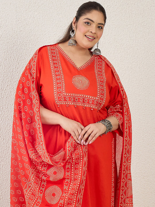 Plus Size Rust Printed Straight Kurta Trousers With Dupatta Set