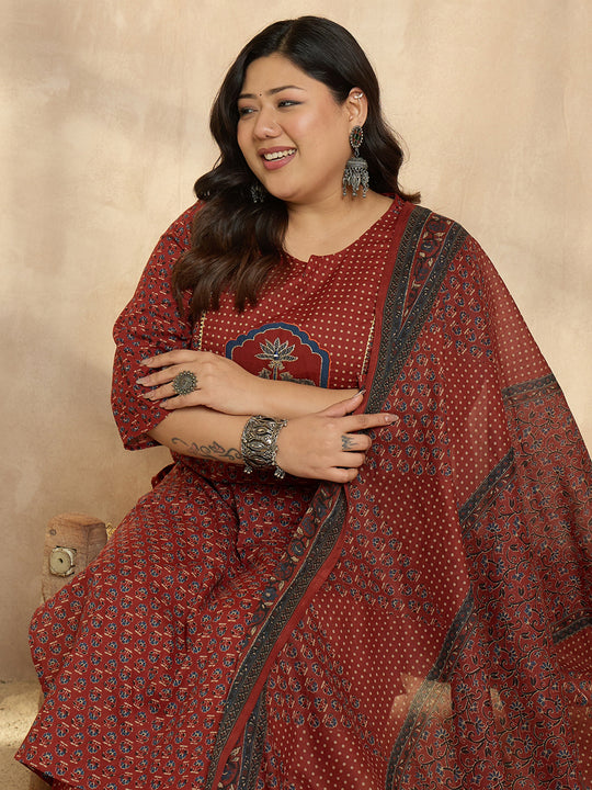 Plus Size Maroon Printed Straight Kurta Trousers With Dupatta Set