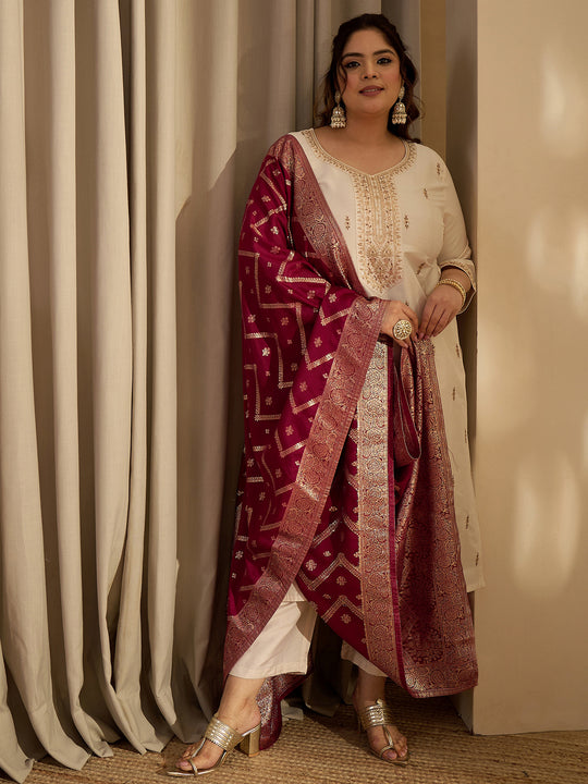 Plus Size Off White Embroidered Straight Kurta Trousers With Dupatta Set