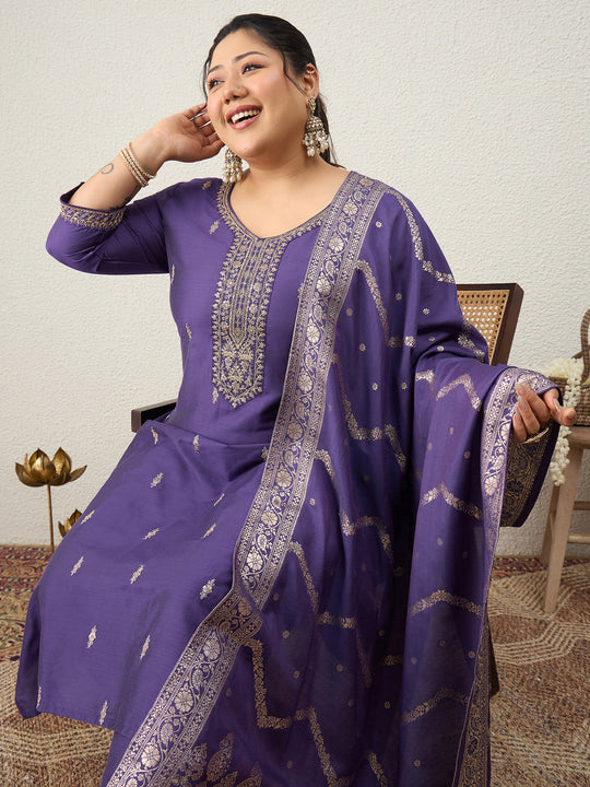 Plus Size Purple Embroidered Straight Kurta Trousers With Dupatta Set