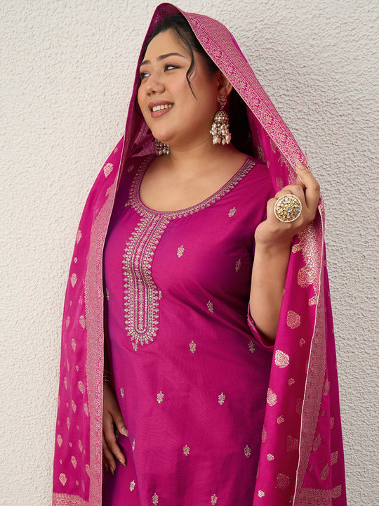 Plus Size Pink Embroidered Straight Kurta Trousers With Dupatta Set