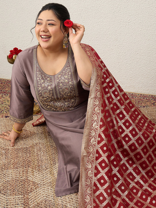 Plus Size Brown Embroidered Straight Kurta Trousers With Dupatta Set