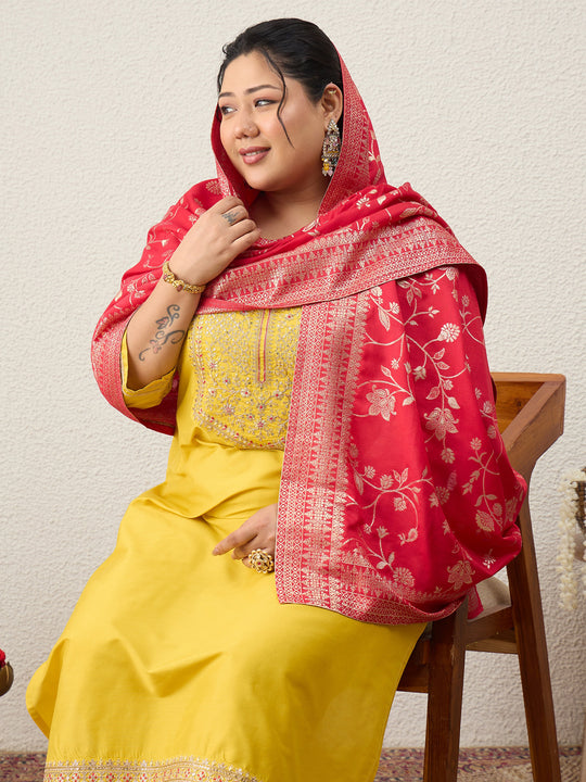 Plus Size Yellow Embroidered Straight Kurta Trousers With Dupatta Set