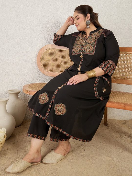 Plus Size Black Printed A-Line Kurta Trousers Set