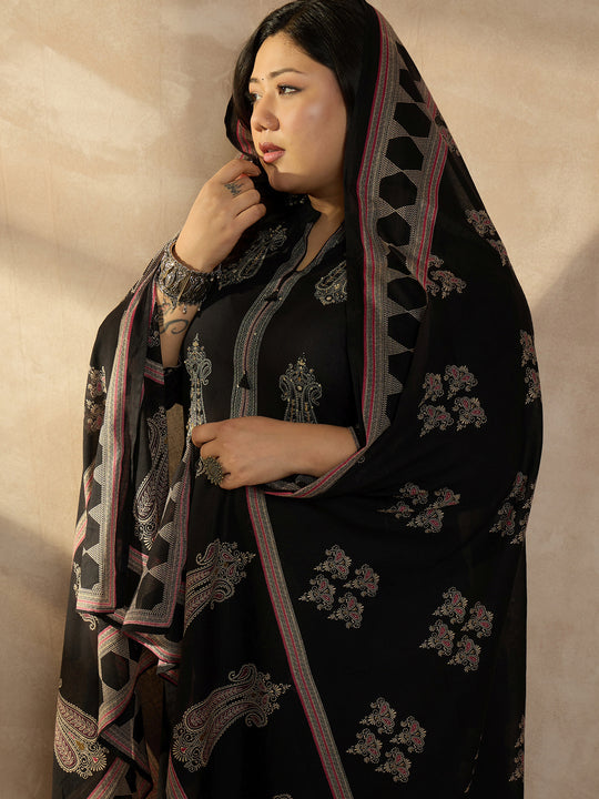 Plus Size Black Printed Straight Kurta Trousers With Dupatta Set