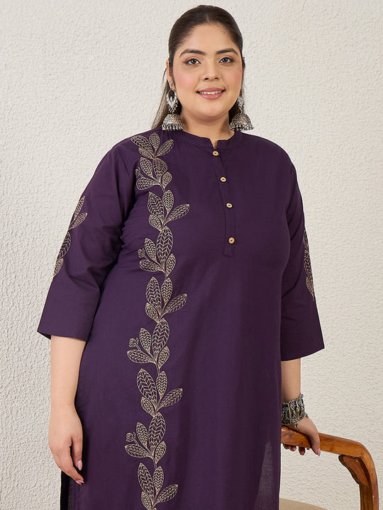 Plus Size Purple Embroidered Straight Kurta Trousers Set