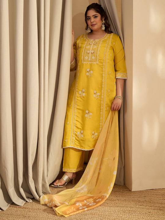 Plus Size Yellow Embroidered Straight Kurta Trousers With Dupatta Set