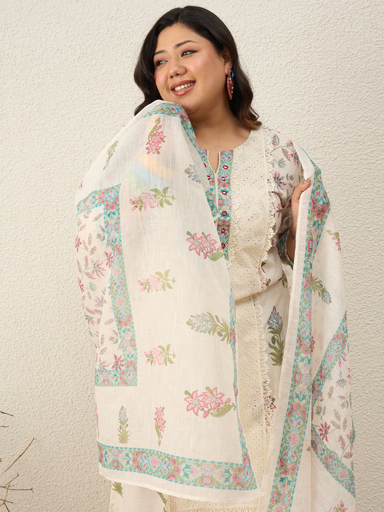 Plus Size Off White Printed Straight Kurta Trousers With Dupatta Set