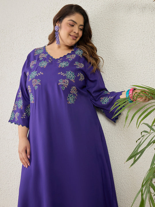 Plus Size Blue Embroidered A-Line Kurta Palazzos Set