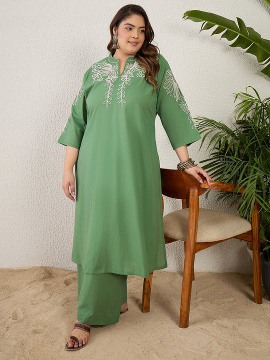 Plus Size Green Embroidered Straight Kurta Trousers Set