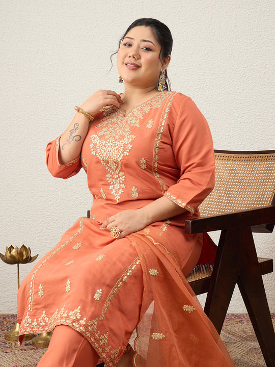 Plus Size Rust Embroidered Straight Kurta Trousers With Dupatta Set