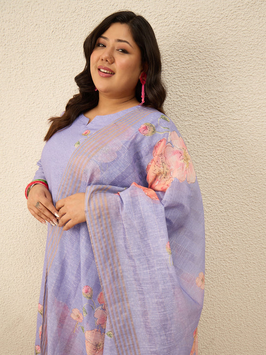Plus Size Purple Printed Straight Kurta Trousers With Dupatta Set