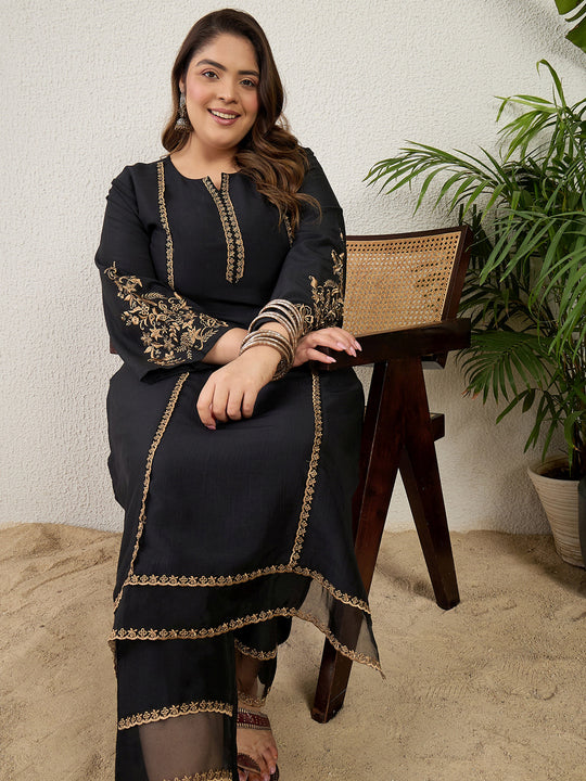 Plus Size Black Embroidered Straight Kurta Trousers Set