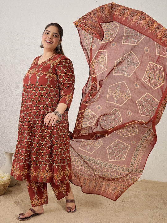 Plus Size Maroon Printed A-Line Kurta Trousers With Dupatta Set