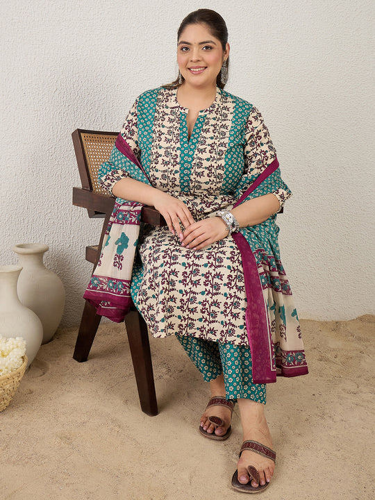 Plus Size Multi Printed A-Line Kurta Trousers With Dupatta Set