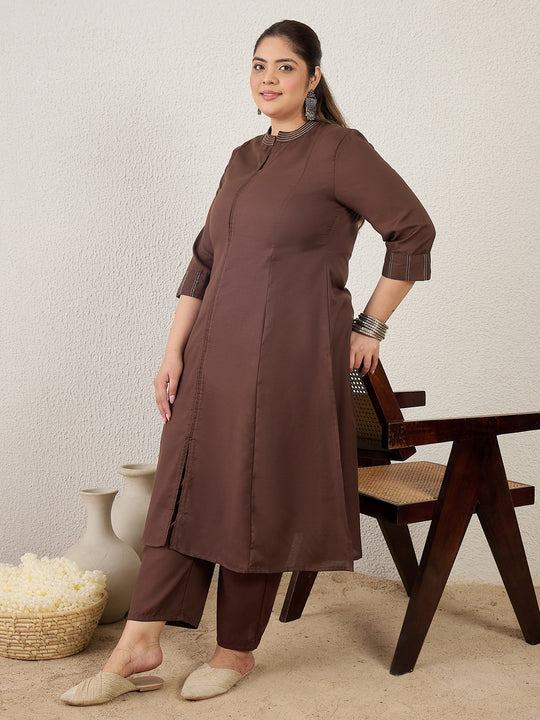 Plus Size Brown Self Design A-Line Kurta Trousers Set