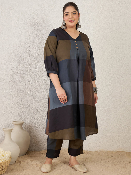 Plus Size Multi Colourblocked A-Line Kurta Trousers Set