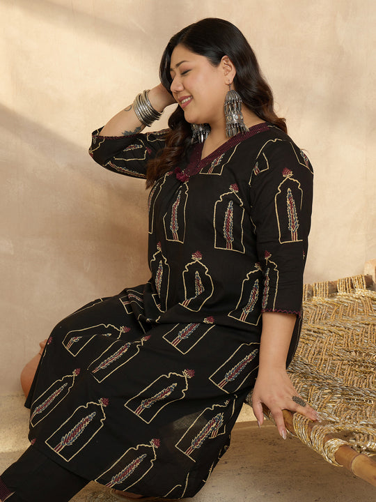 Plus Size Black Printed A-Line Kurta Trousers Set