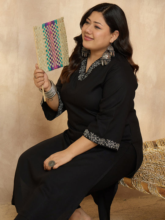 Plus Size Black Embroidered Straight Kurta Trousers Set