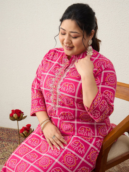 Plus Size Pink Printed Straight Kurta Trousers Set