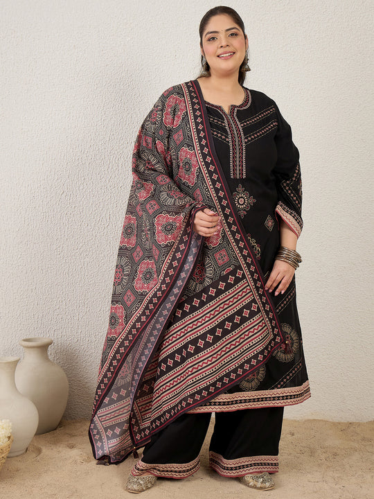 Plus Size Black Embroidered Straight Kurta Palazzos With Dupatta Set