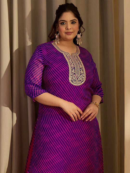 Plus Size Purple Embroidered Straight Kurtas