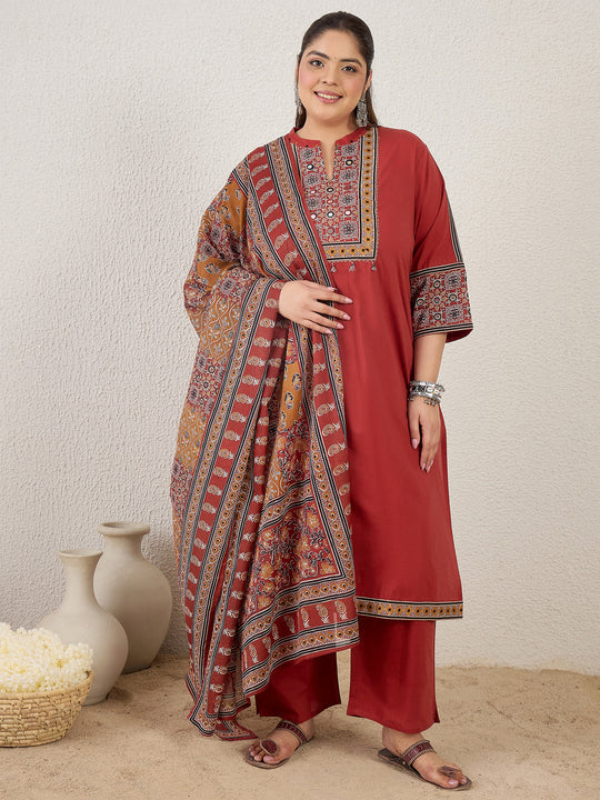 Plus Size Rust Printed Straight Kurta Trousers With Dupatta Set