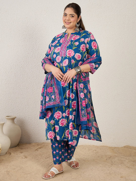 Plus Size Blue Printed Straight Kurta Trousers With Dupatta Set