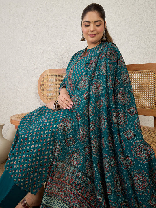 Plus Size Teal Printed Straight Kurta Trousers With Dupatta Set
