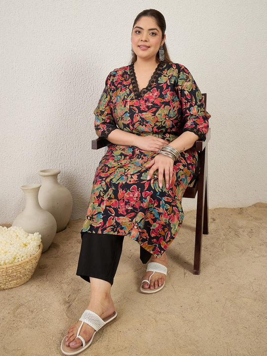 Plus Size Black Printed Straight Kurta Trousers Set
