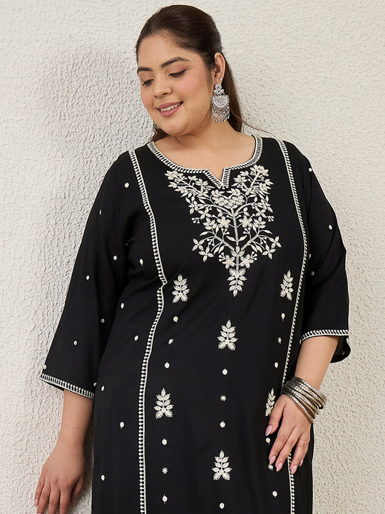 Plus Size Black Embroidered Straight Kurtas