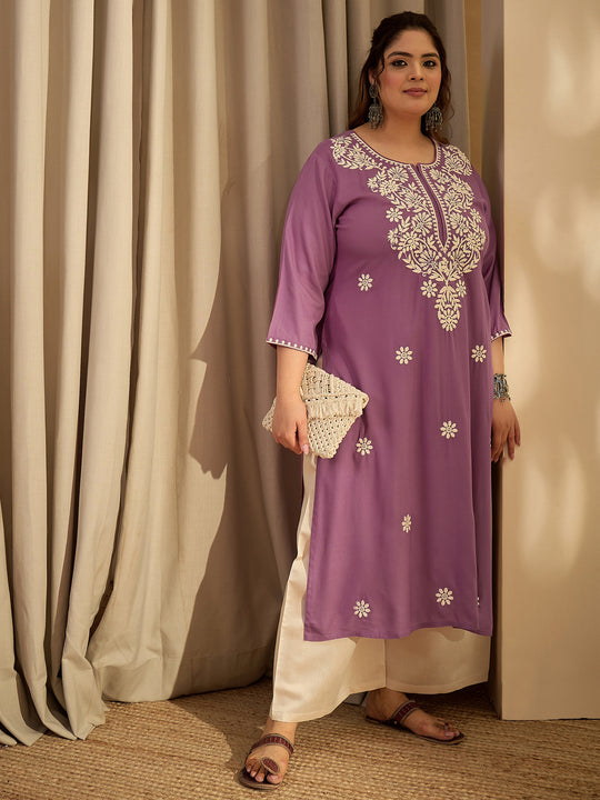 Plus Size Lavender Embroidered Straight Kurtas