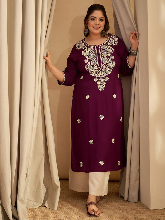 Plus Size Purple Embroidered Straight Kurtas