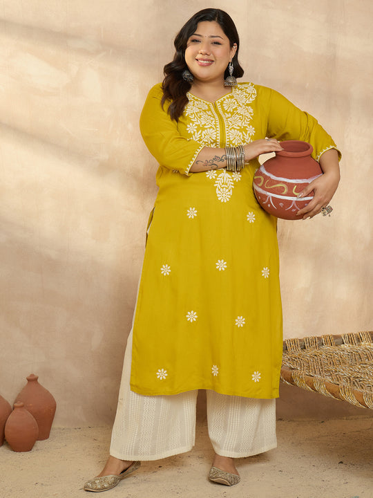 Plus Size Yellow Embroidered Straight Kurtas