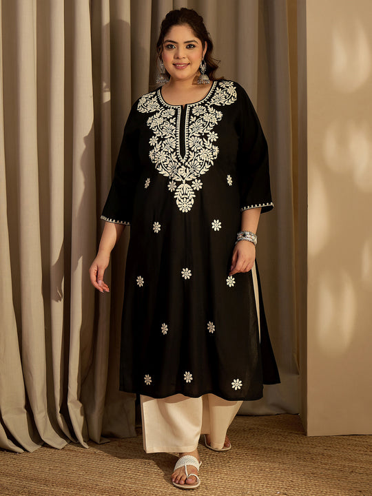Plus Size Black Embroidered Straight Kurtas